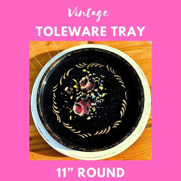 Round Black Gold Floral Hand-Painted Toleware Tray Serving Platter Wall Art - Picture 1 of 10